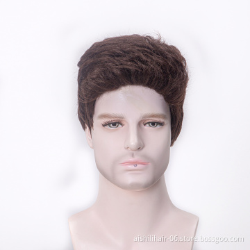 Aishili wholesale nature straight short brown toupee heat resistant synthetic wigs for man hair